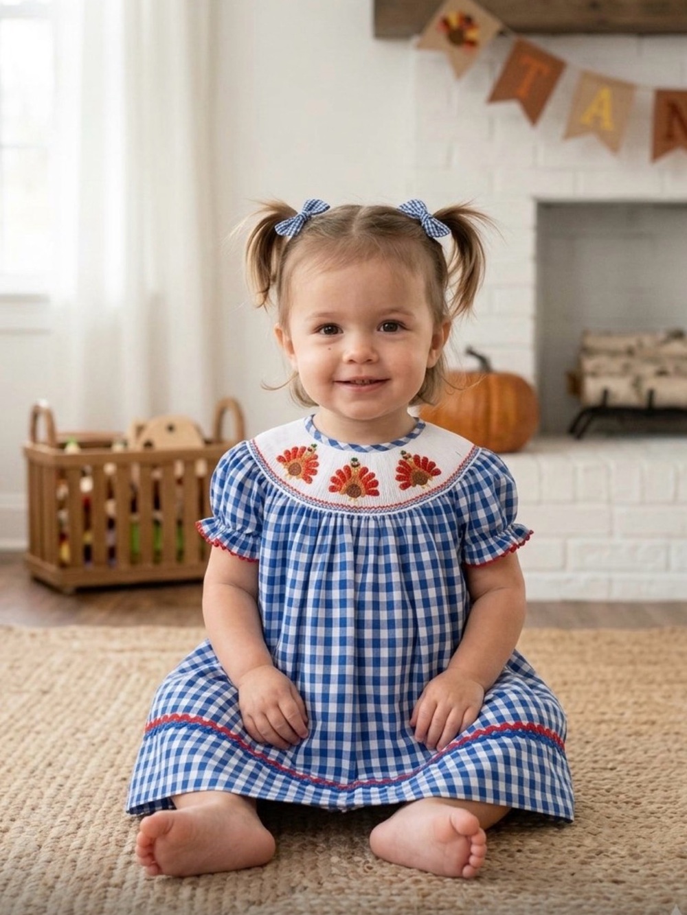 Blue Gingham Smocked Thanksgiving Baby Dress with Fall Embroidery